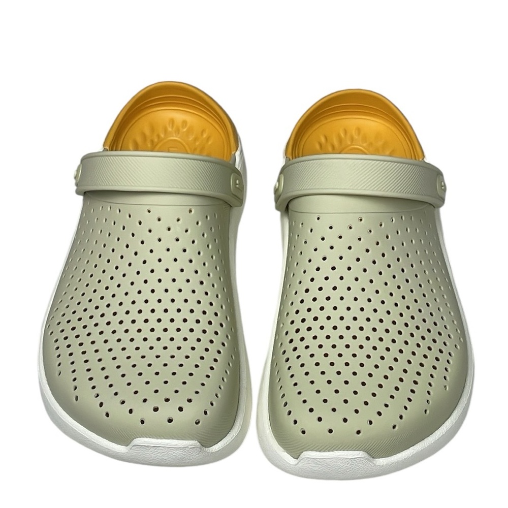 CROCS Women's Sage Green and Yellow Slip-On Clogs - Picture 3 of 11